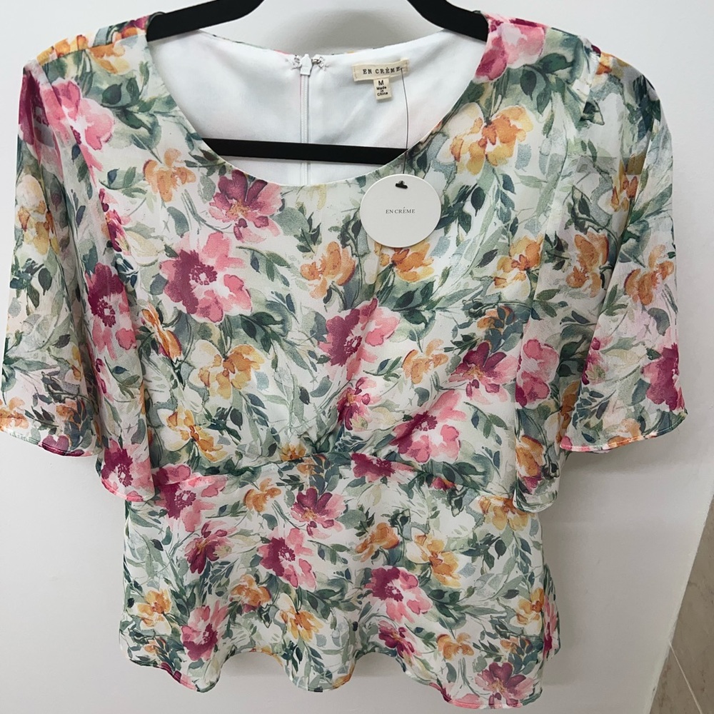 En Crème Peplum Floral Blouse